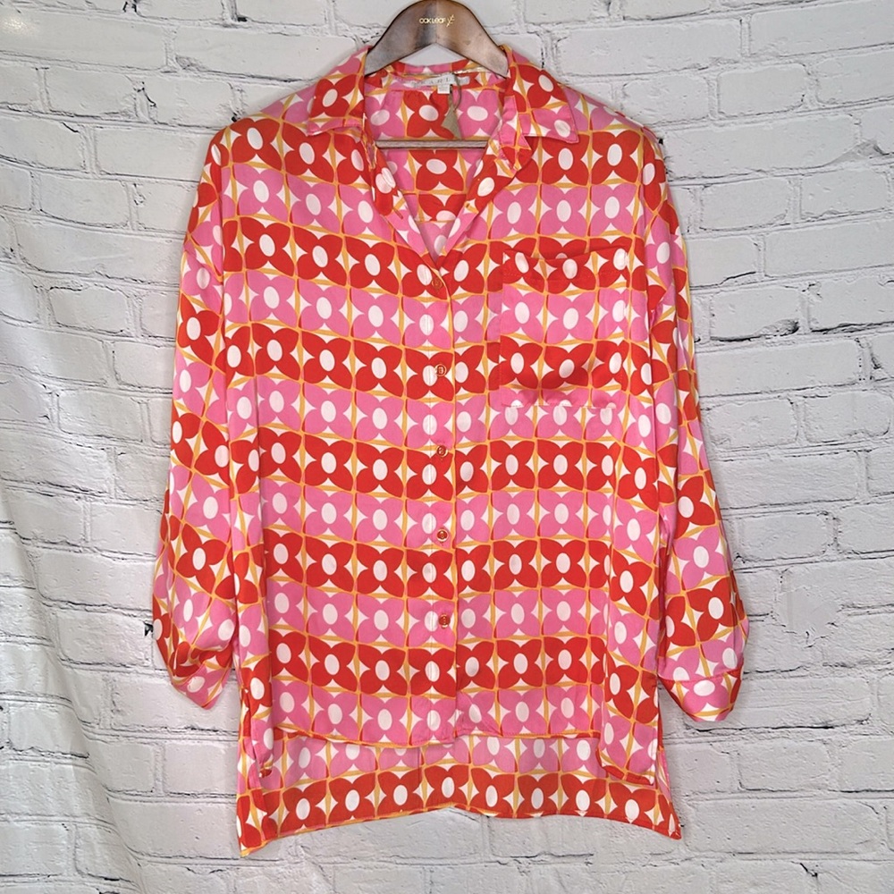 Karlie Long Sleeve Retro Flower Print Button Down Blouse Size Large